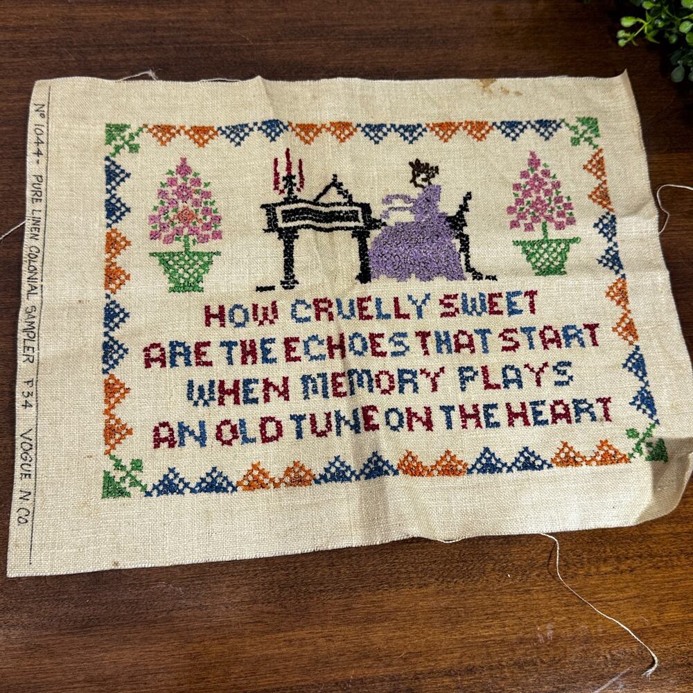 Vintage Cross Stitch Music Memories Themed Sampler 13.5x10.5 Unframed